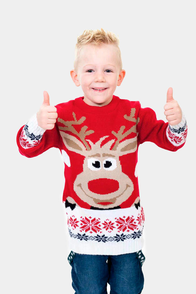 Red Boys Ugly Christmas Sweater with Reindeer and Snow