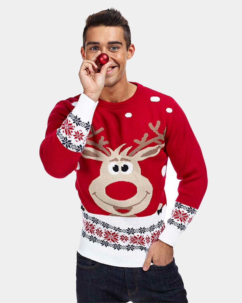 Mens Red Ugly Christmas Sweater with Reindeer and Snow