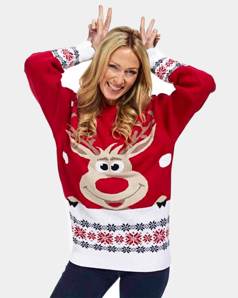 Womens Red Ugly Christmas Sweater with Reindeer and Snow