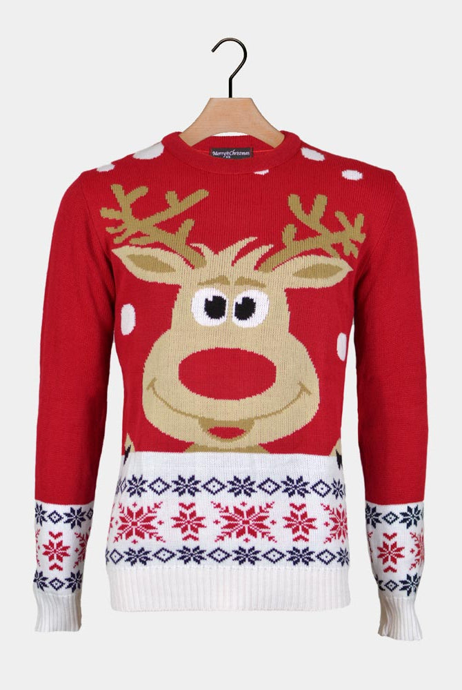 Red Ugly Christmas Sweater with Reindeer and Snow