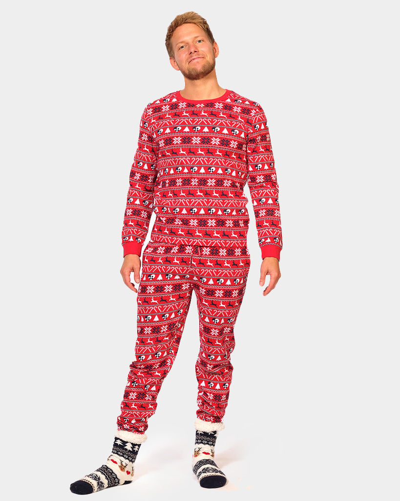 Red Ugly Christmas Piyama for Family with Reindeer and Trees mens