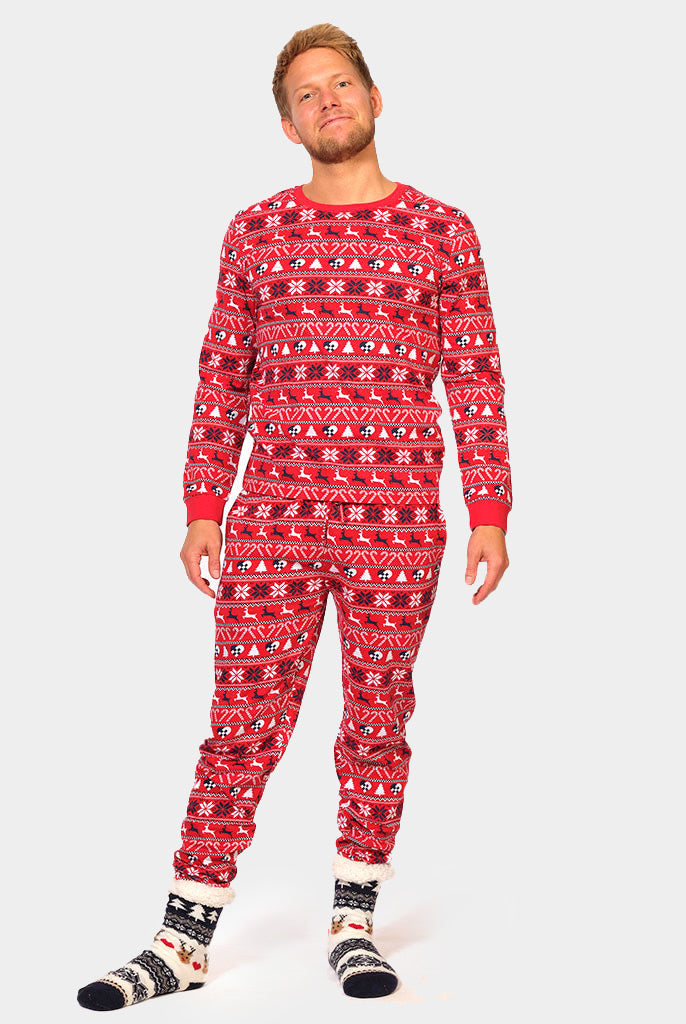 Red Ugly Christmas Piyama for Family with Reindeer and Trees mens