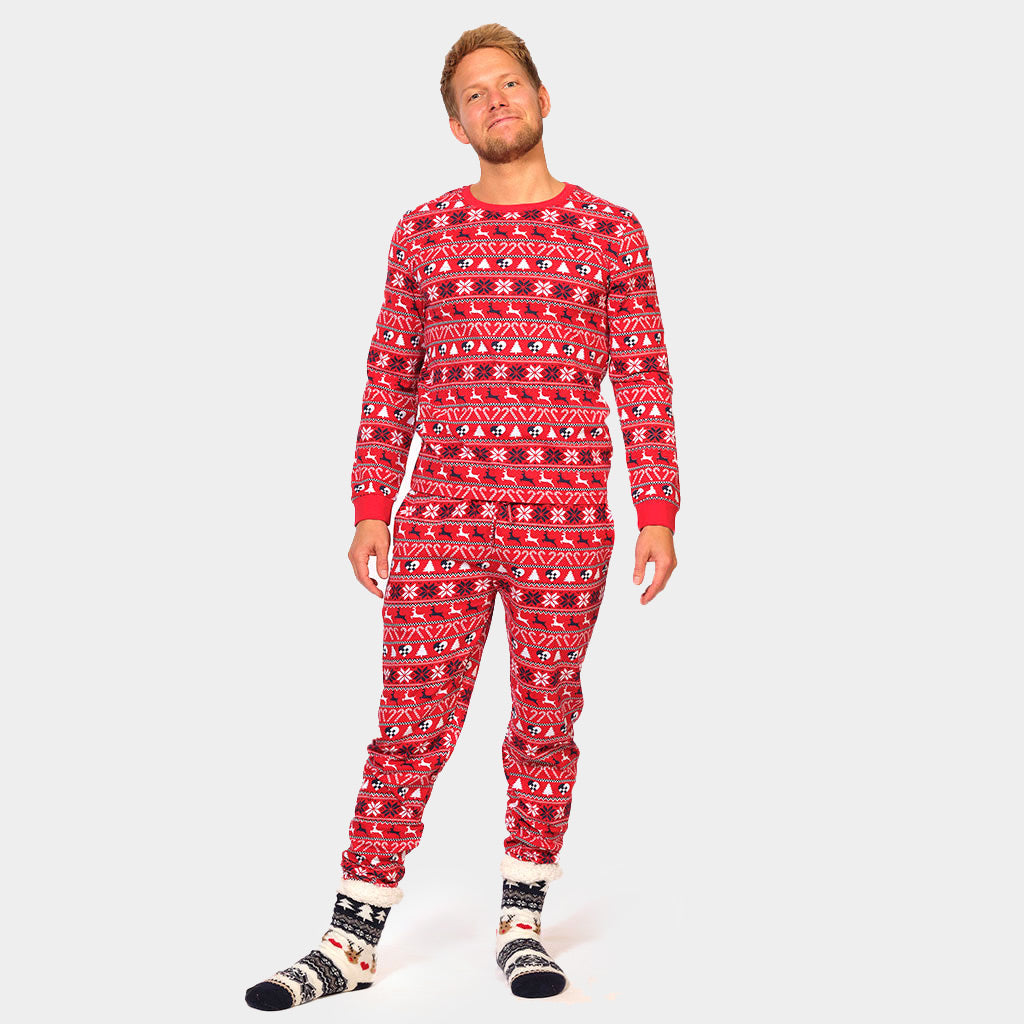 Red Ugly Christmas Piyama for Family with Reindeer and Trees mens