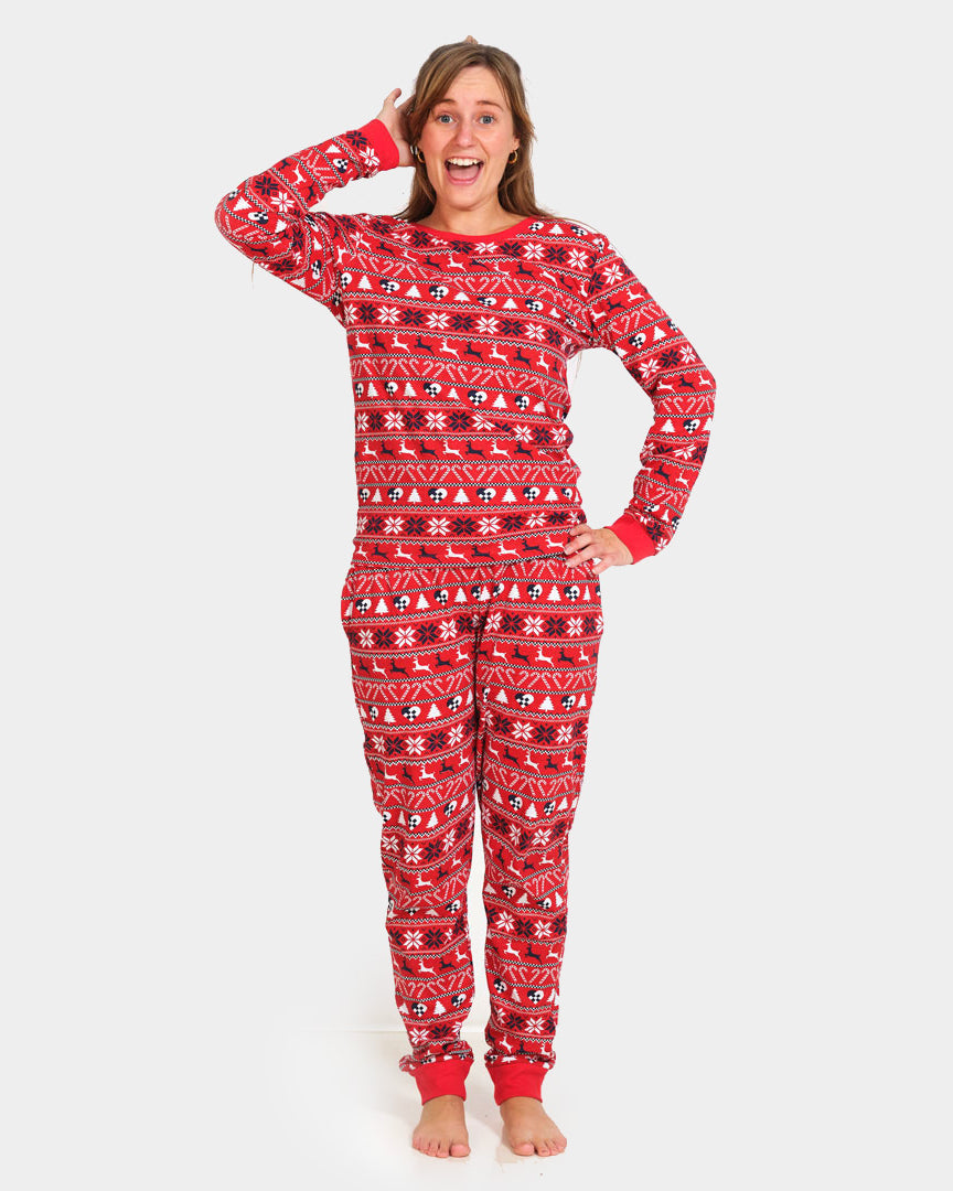 Red Ugly Christmas Piyama for Family with Reindeer and Trees womens