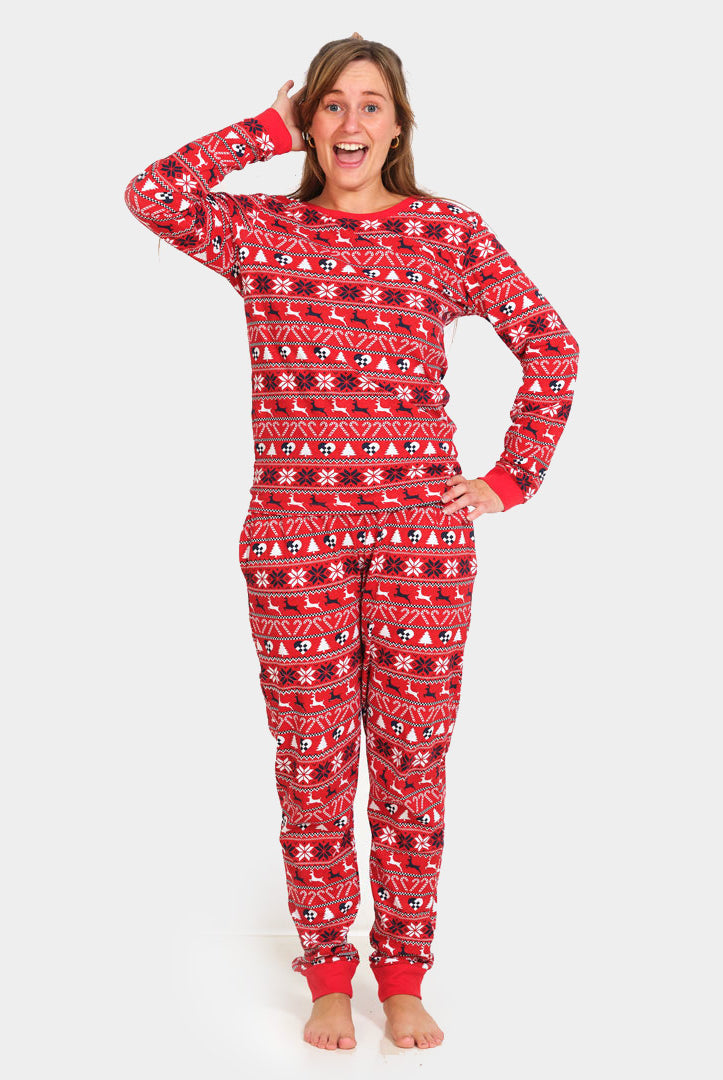 Red Ugly Christmas Piyama for Family with Reindeer and Trees womens