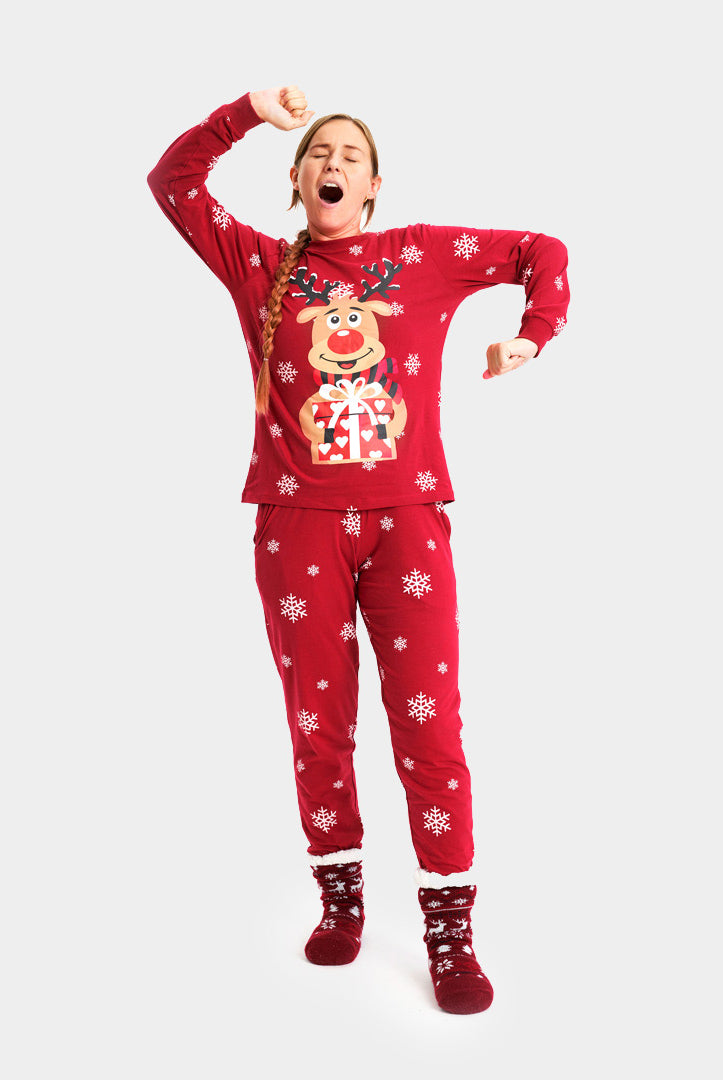 Red Ugly Christmas Piyama for Family with Rudolph the Reindeer womens