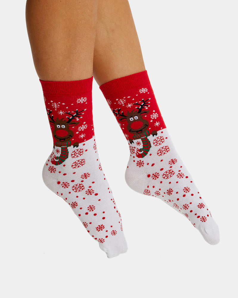 Red Unisex Ugly Christmas Socks Reindeer with Scarf women and mens