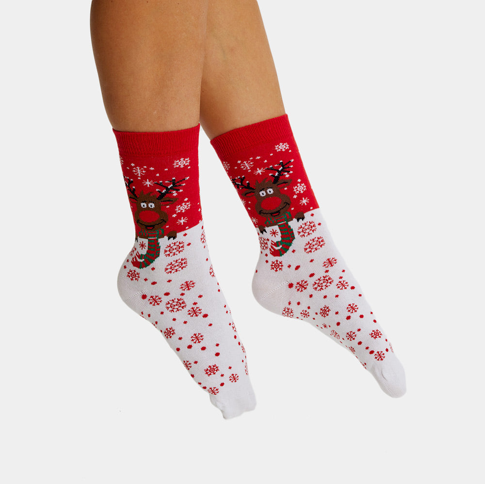 Red Unisex Ugly Christmas Socks Reindeer with Scarf women and mens
