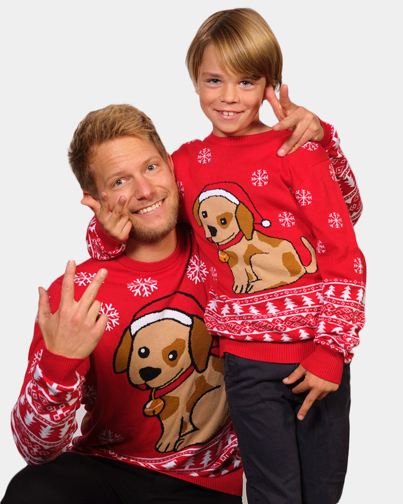 Boys and Mens Red Family Ugly Christmas Sweater with Puppy