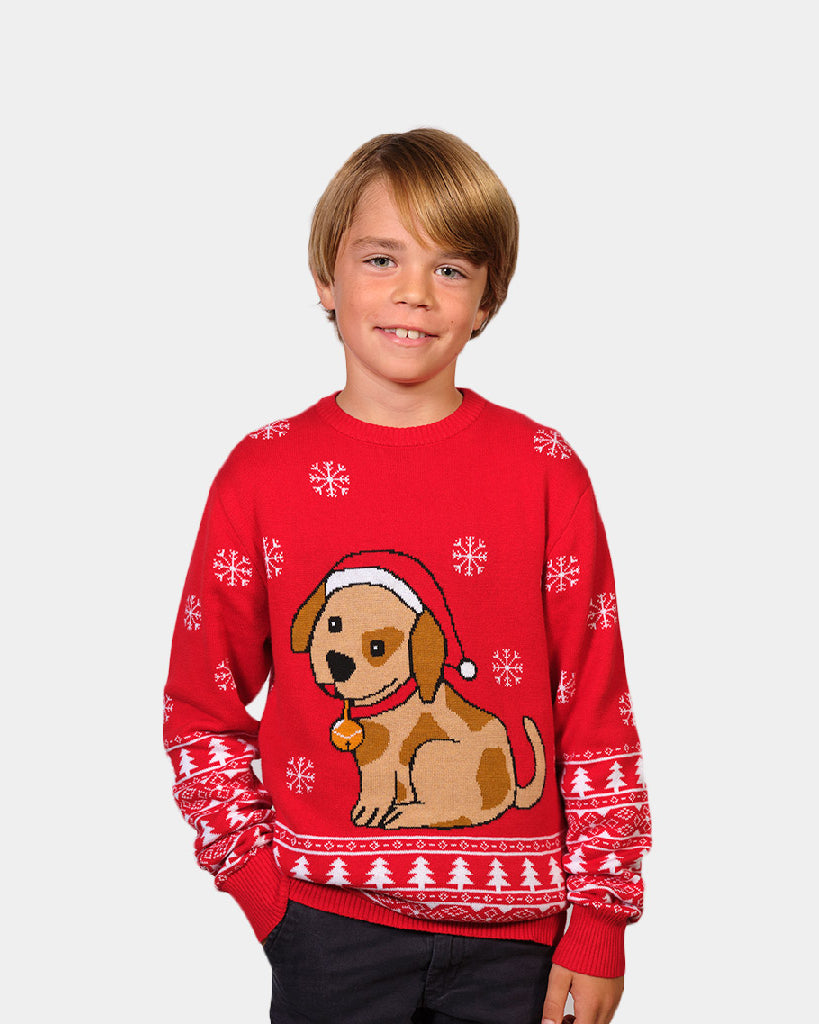 Boys Red Family Ugly Christmas Sweater with Puppy