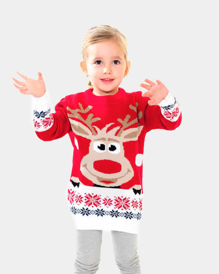 Girls Red Family Ugly Christmas Sweater with Reindeer and Snow