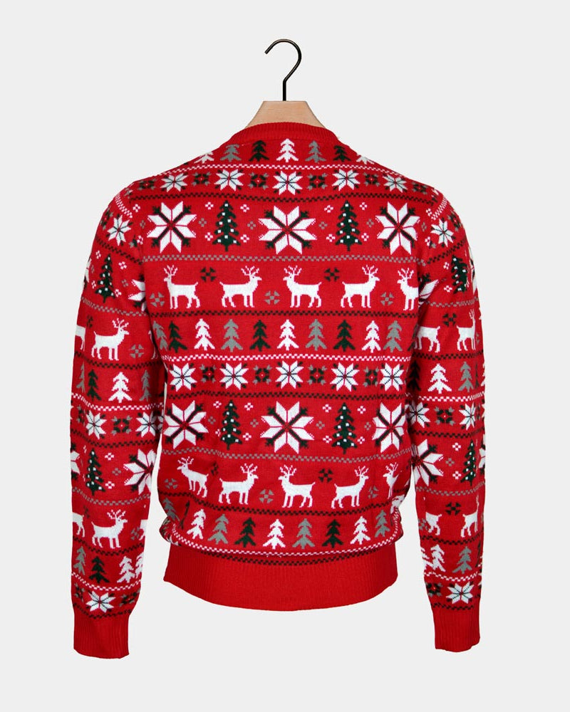Red Family Ugly Christmas Sweater with Reindeers, Trees and Polar Star Back