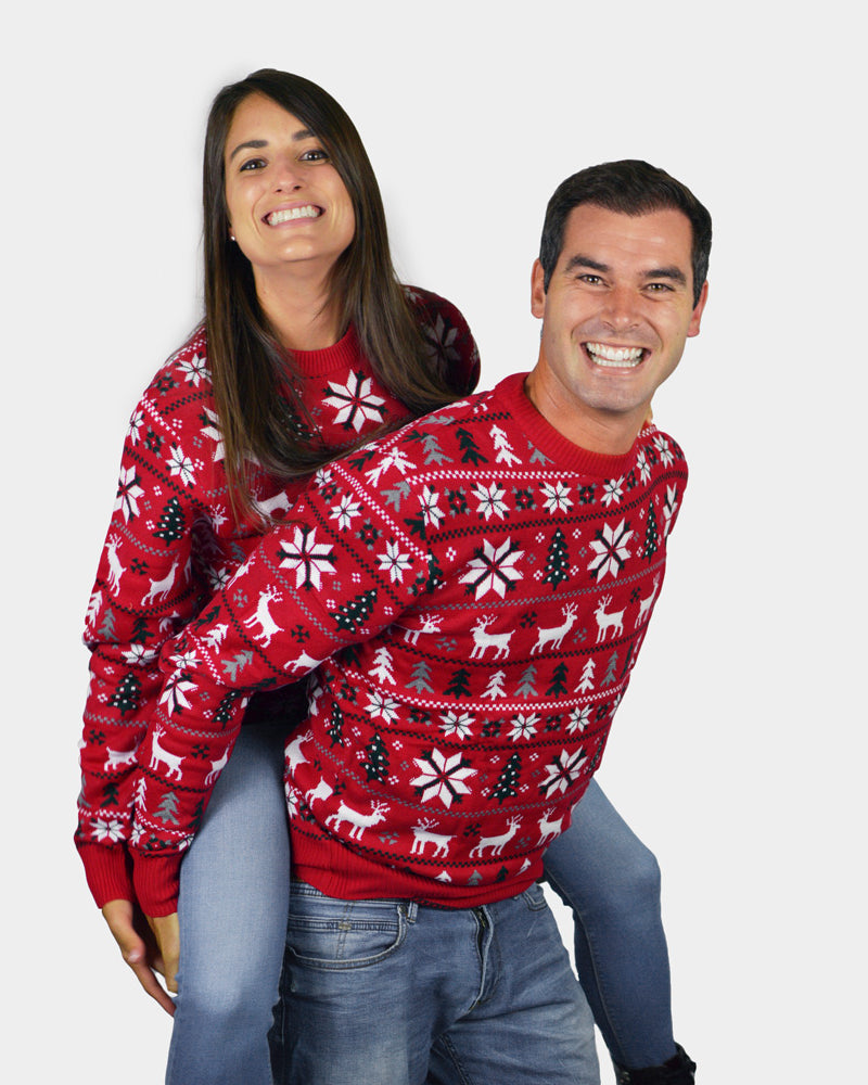Couples Red Family Ugly Christmas Sweater with Reindeers, Trees and Polar Star