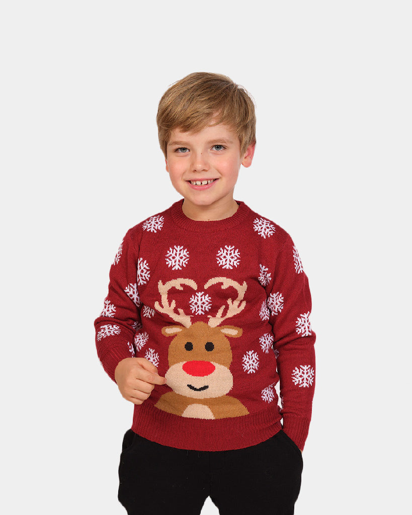 Boys Red Family Ugly Christmas Sweater with Rudolph the Reindeer