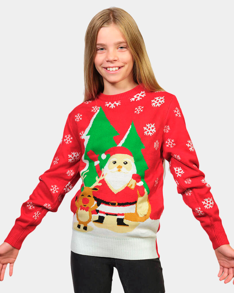 Girls Red Family Ugly Christmas Sweater with Santa and Reindeer Greeting