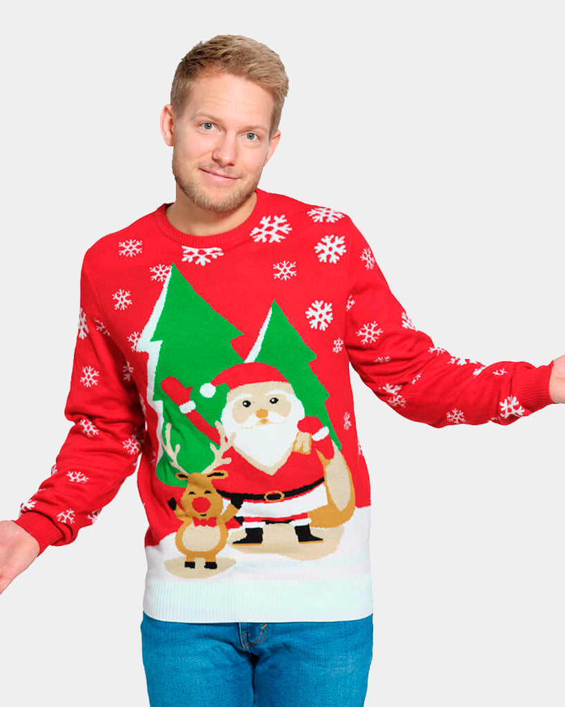 Mens Red Family Ugly Christmas Sweater with Santa and Reindeer Greeting