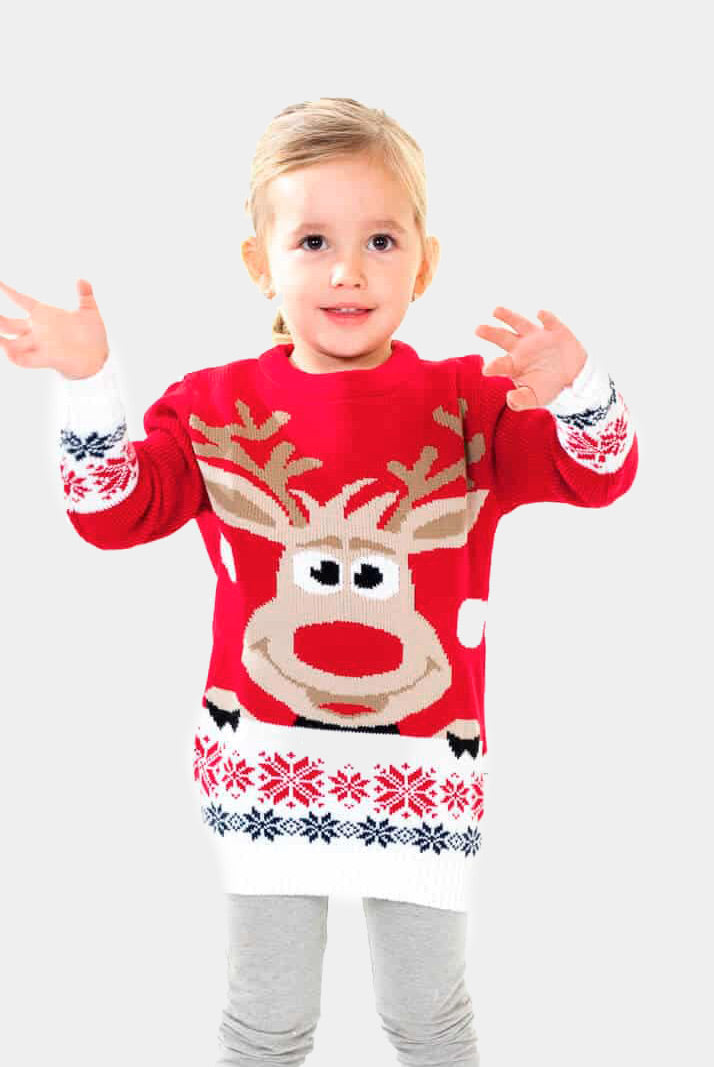 Red Girls Ugly Christmas Sweater with Reindeer and Snow
