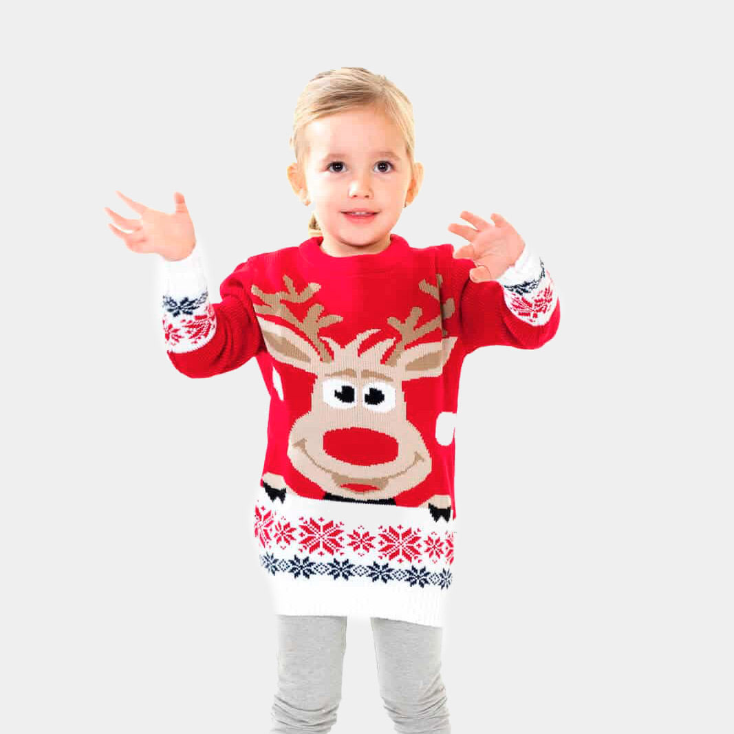 Red Girls Ugly Christmas Sweater with Reindeer and Snow