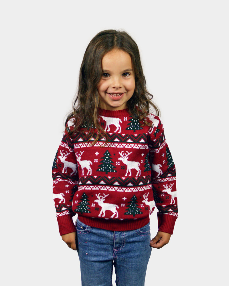 Red Girls Ugly Christmas Sweater with Reindeers and Christmas Trees