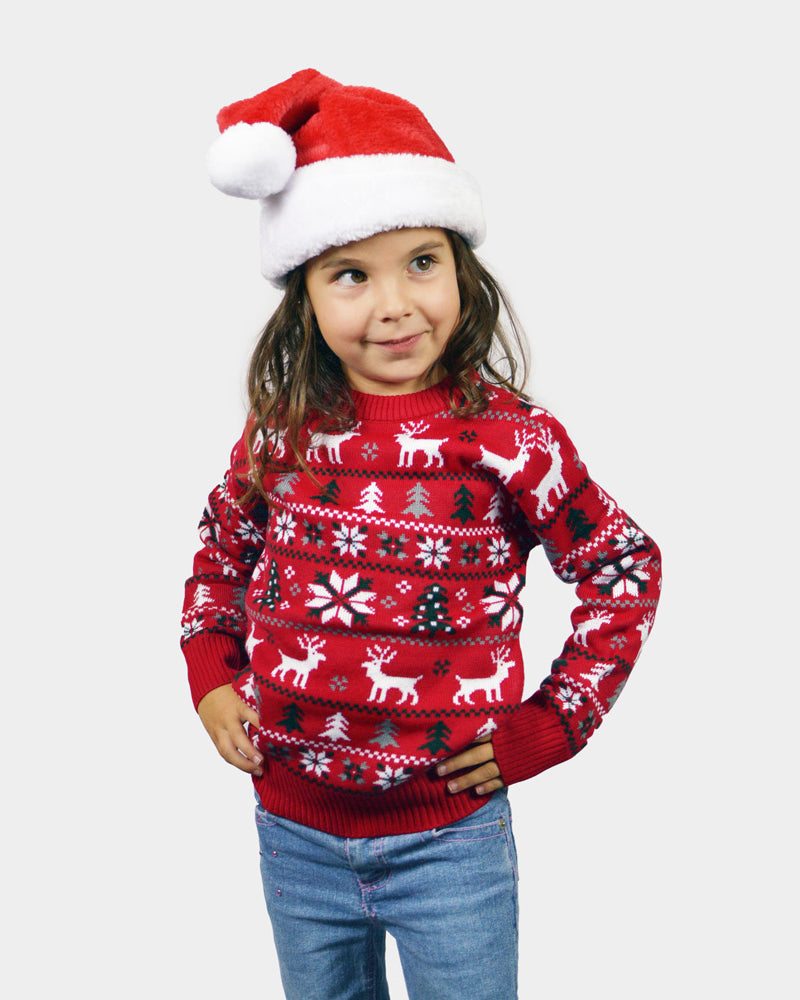 Red Girls Ugly Christmas Sweater with Reindeers, Trees and Polar Star