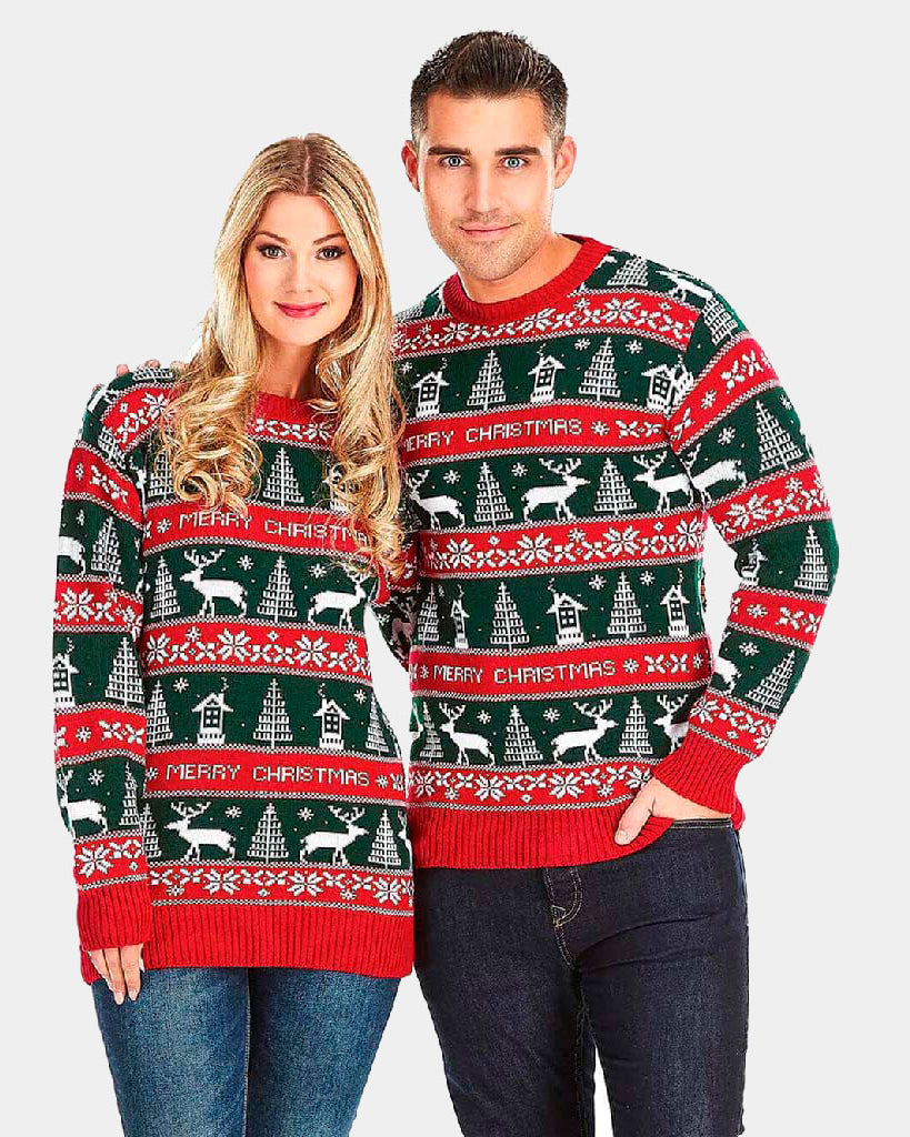 Couples Red and Green Strips Ugly Christmas Sweater