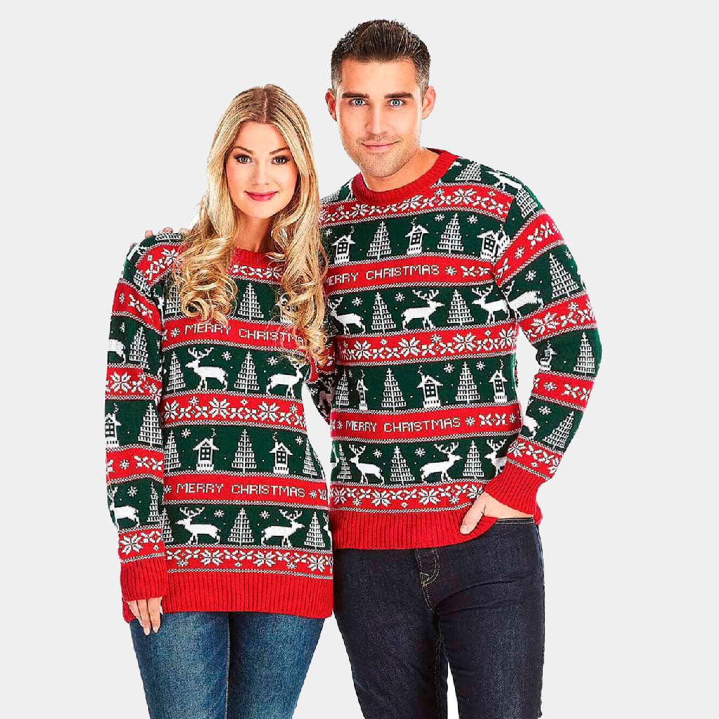 Couples Red and Green Strips Ugly Christmas Sweater