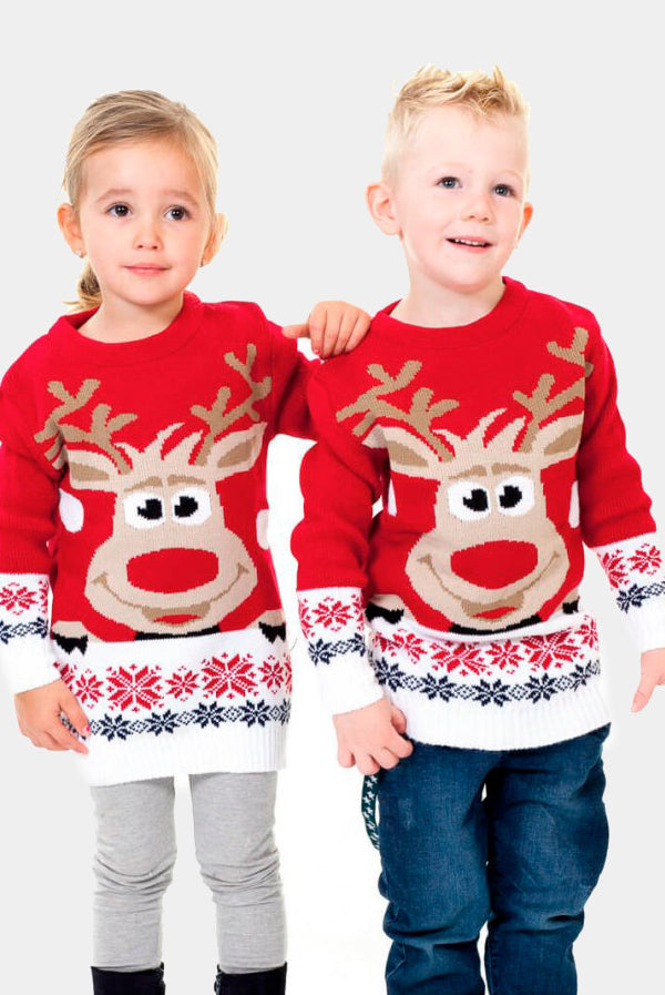 Red Boys and Girls Ugly Christmas Sweater with Reindeer and Snow Kids