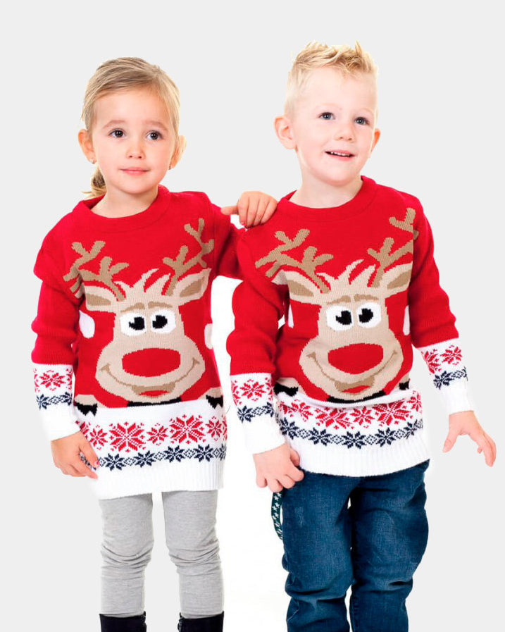 Red Boys and Girls Ugly Christmas Sweater with Reindeer and Snow Kids