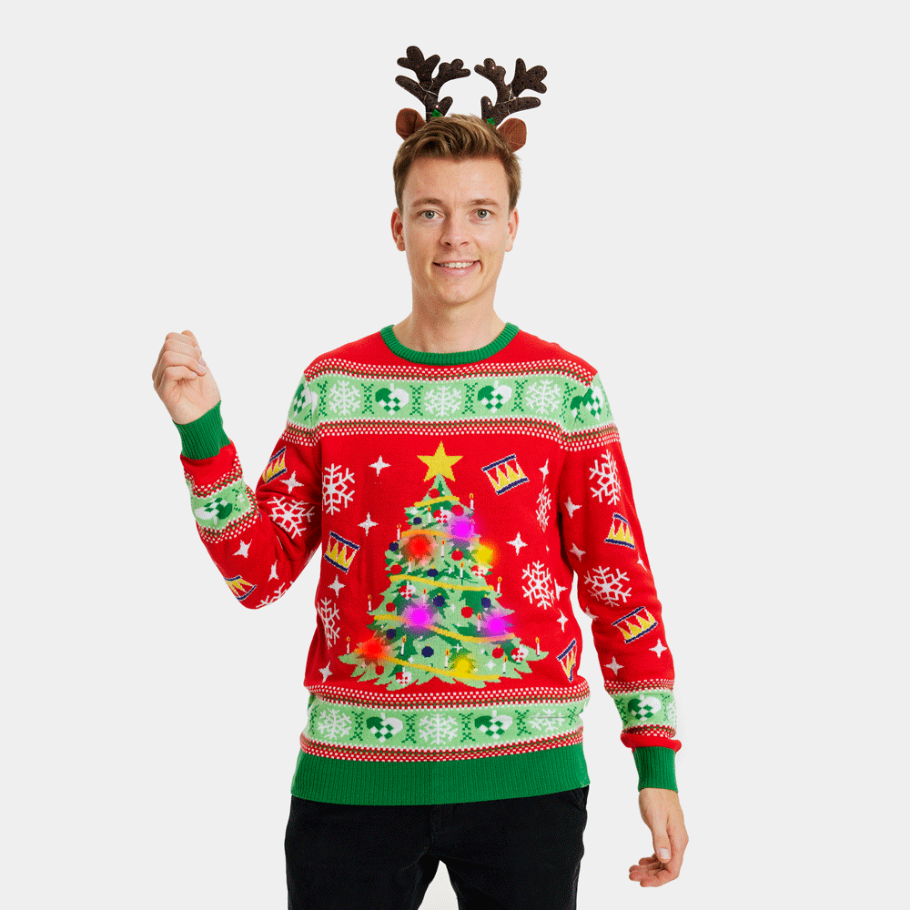 Mens Red LED light-up Ugly Christmas Sweater with Christmas Tree