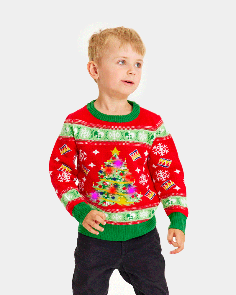 Red LED light-up Family Ugly Christmas Sweater with Christmas Tree boys