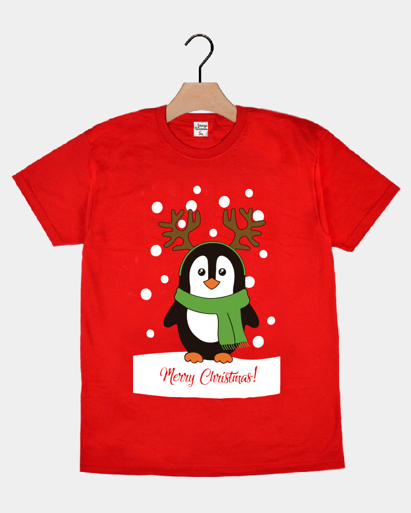 Red Mens and Womens Ugly Christmas T-Shirt with Penguin
