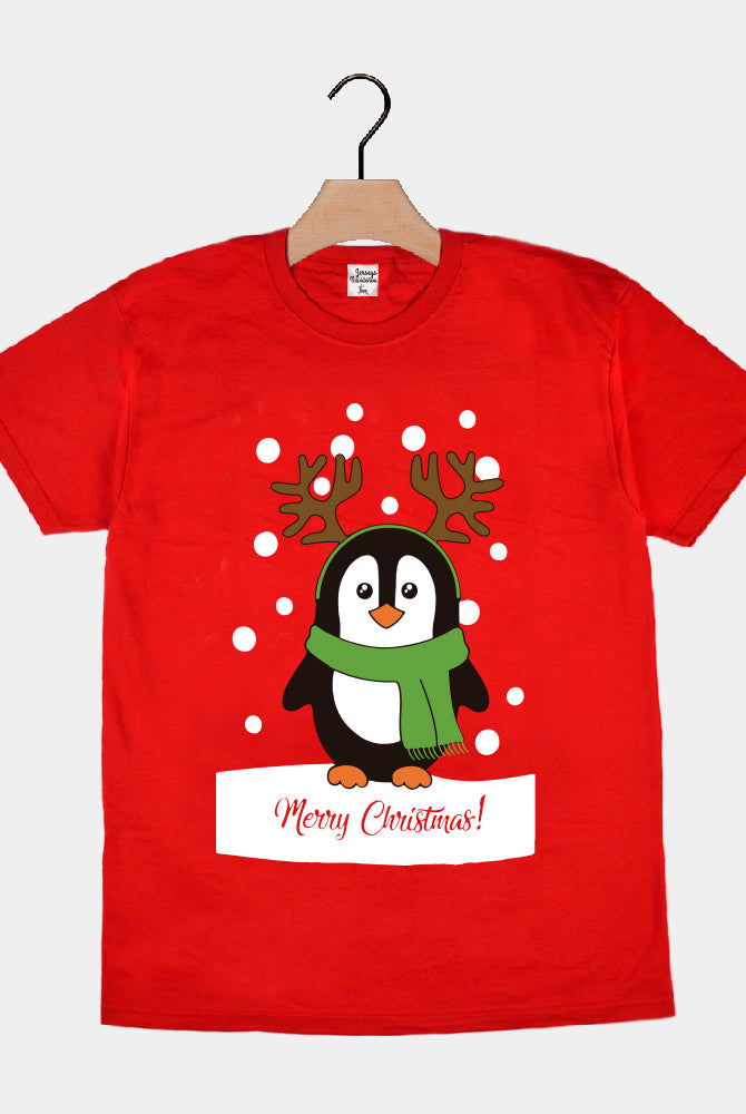 Red Mens and Womens Ugly Christmas T-Shirt with Penguin