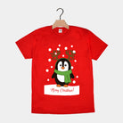 Red Mens and Womens Ugly Christmas T-Shirt with Penguin