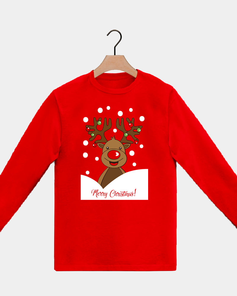 Red long sleeve Mens and Womens Ugly Christmas T-Shirt with Rudolph Reindeer