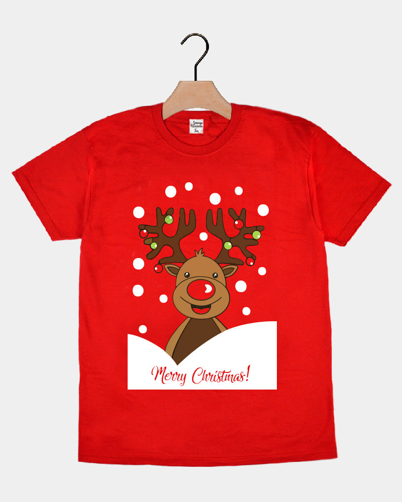 Red Mens and Womens Ugly Christmas T-Shirt with Rudolph Reindeer