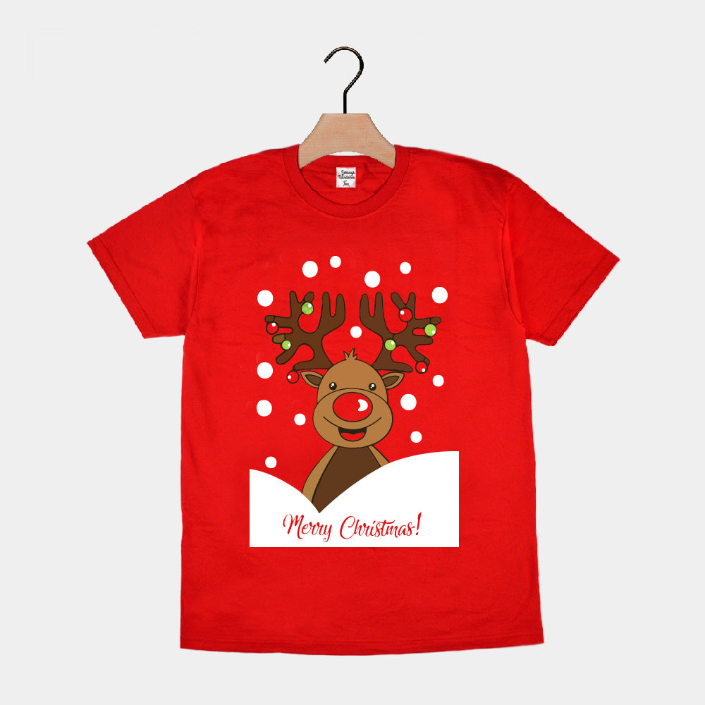 Red Mens and Womens Ugly Christmas T-Shirt with Rudolph Reindeer
