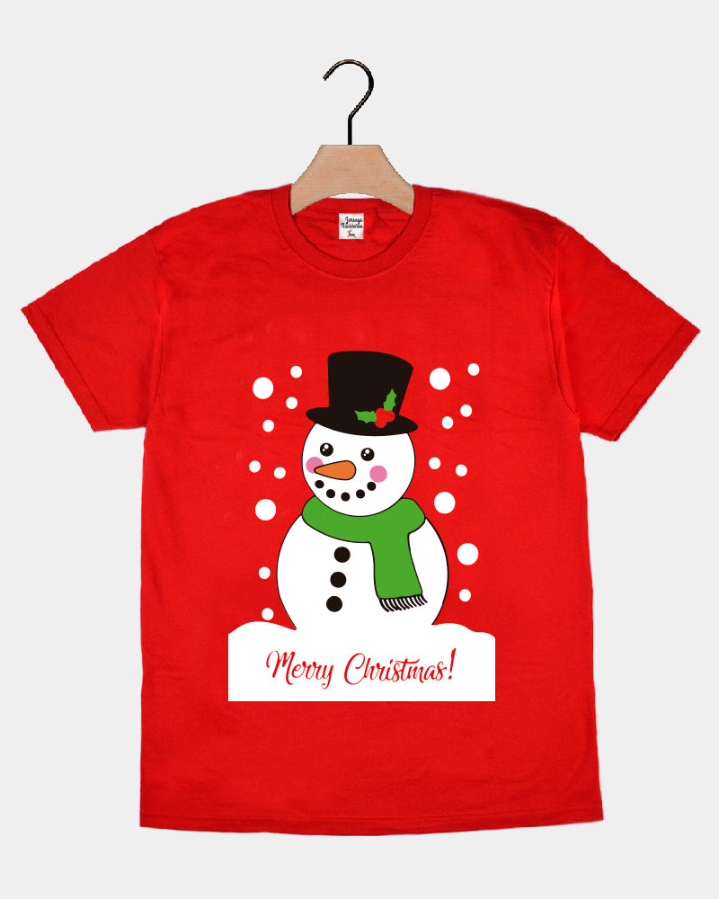 Red Mens and Womens Ugly Christmas T-Shirt with Snowman