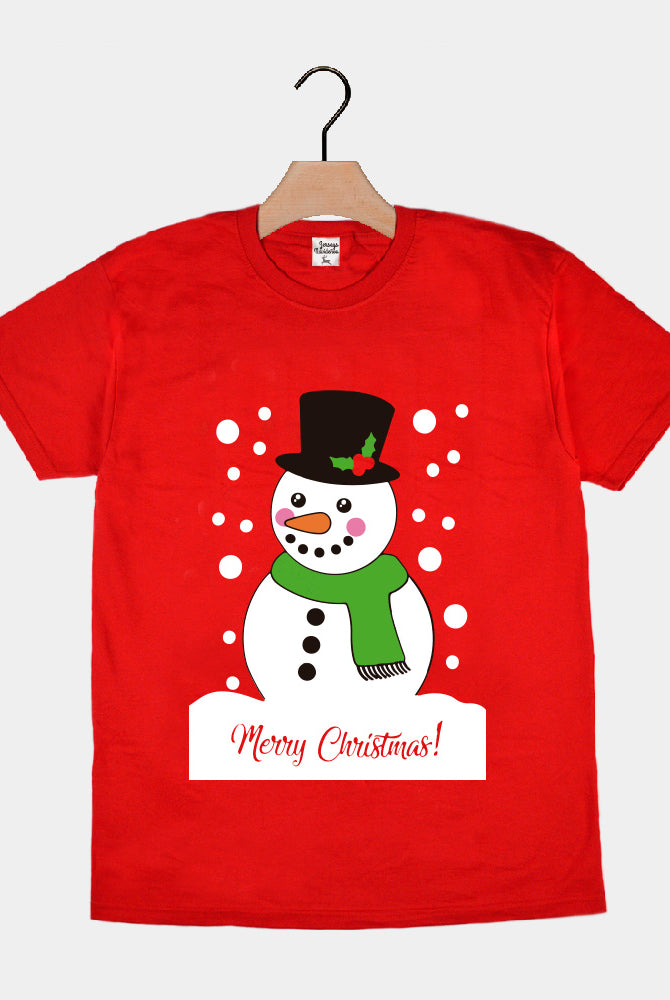 Red Mens and Womens Ugly Christmas T-Shirt with Snowman