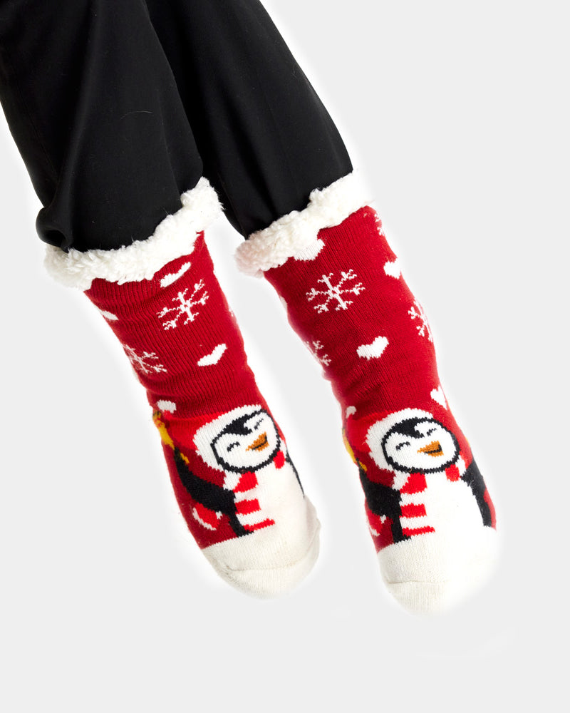 Red Rubber Sole Ugly Christmas Socks with Penguin women and men