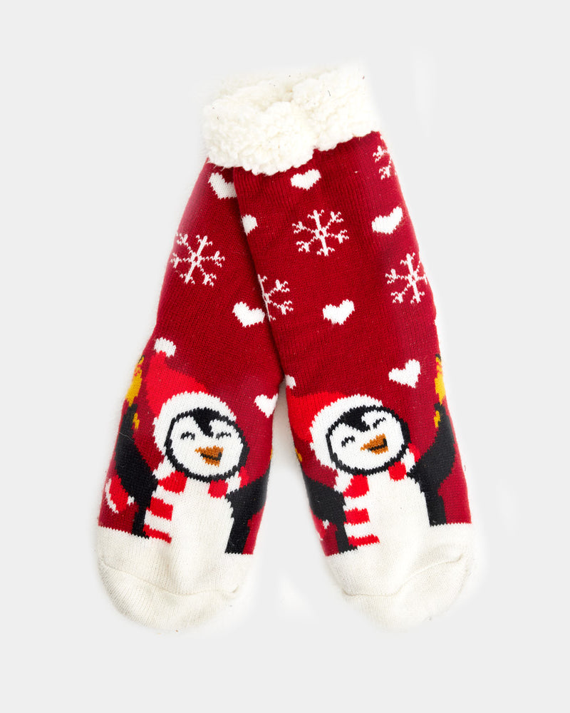 Red Rubber Sole Ugly Christmas Socks with Penguin