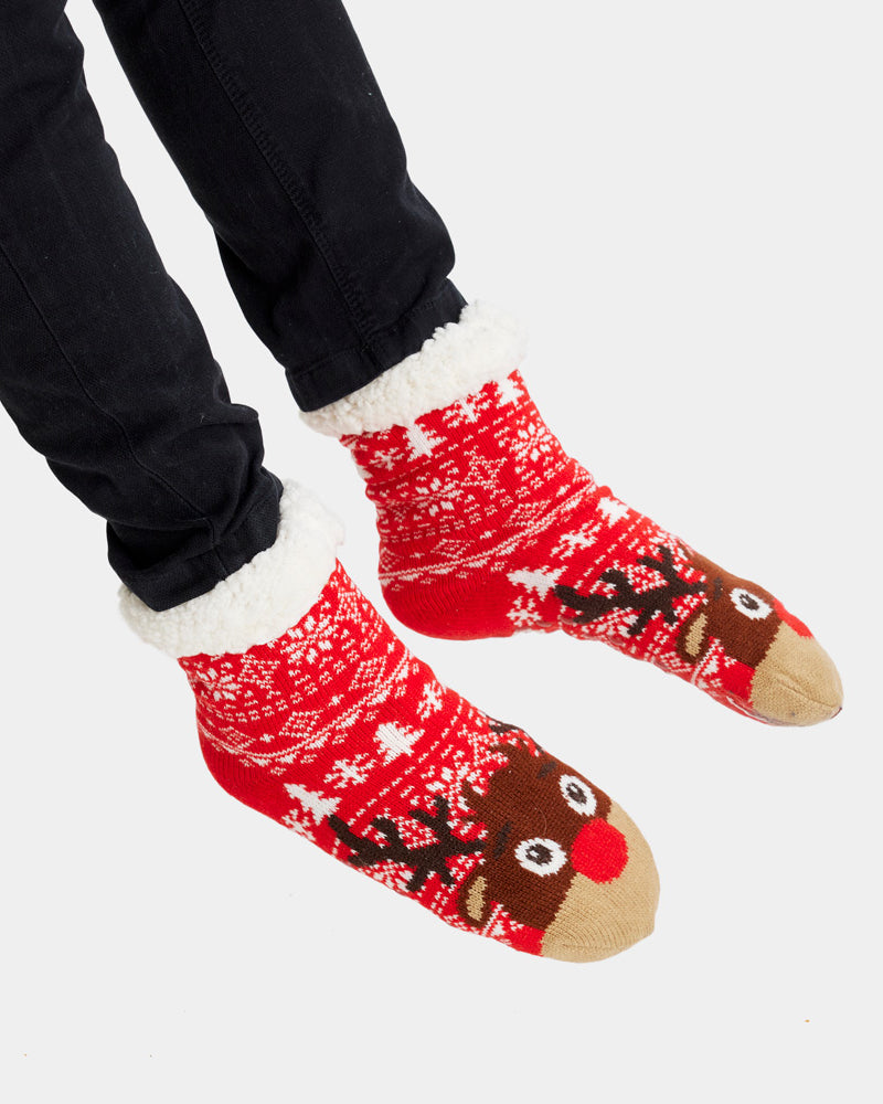 Red Rubber Sole Ugly Christmas Socks with Trees and Reindeer women and men