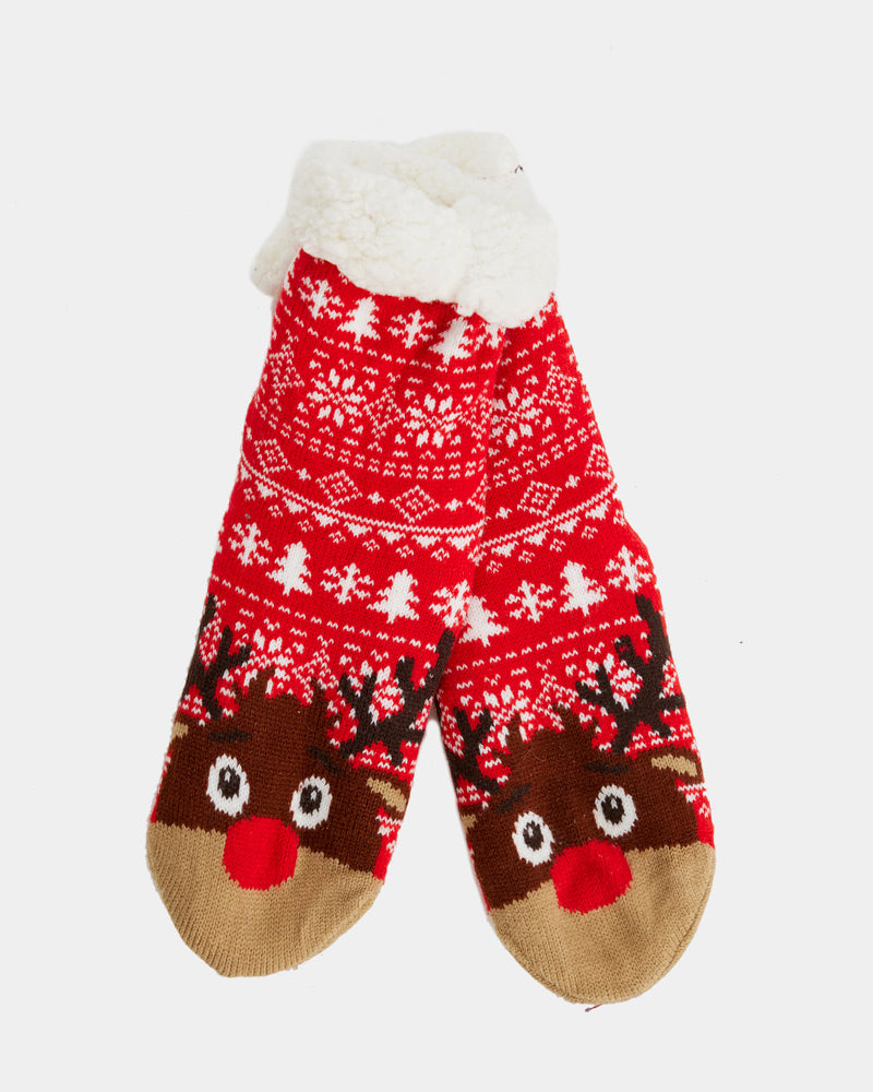Red Rubber Sole Ugly Christmas Socks with Trees and Reindeer