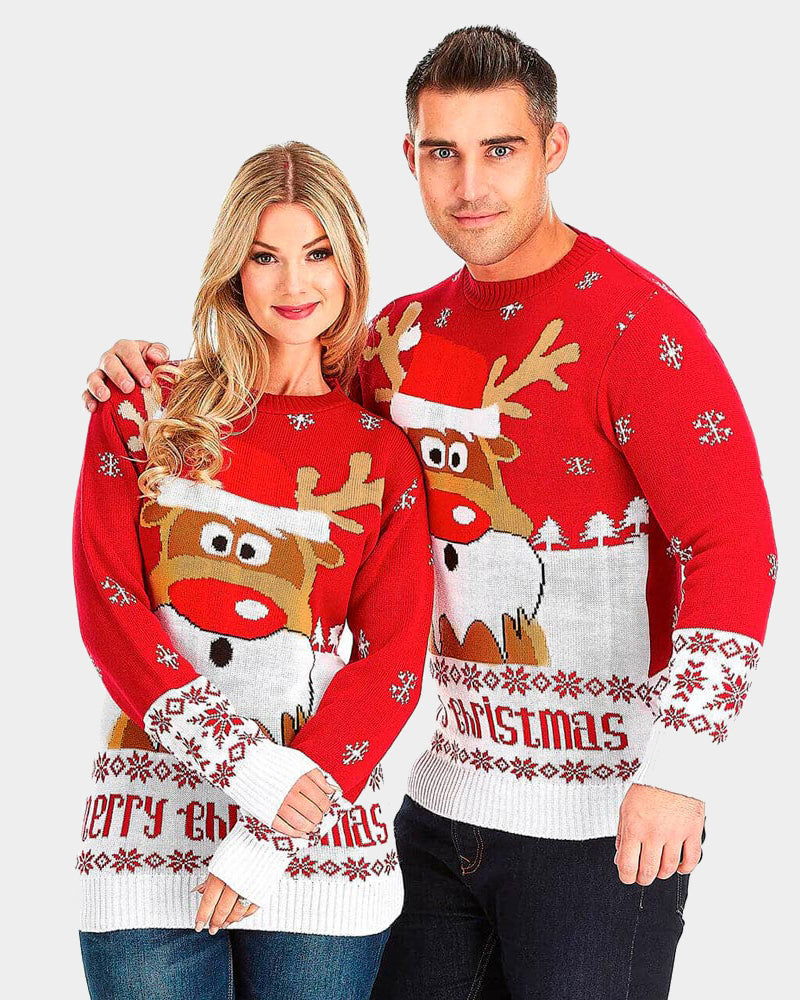 Couples Red Ugly Christmas Sweater with Reindeer