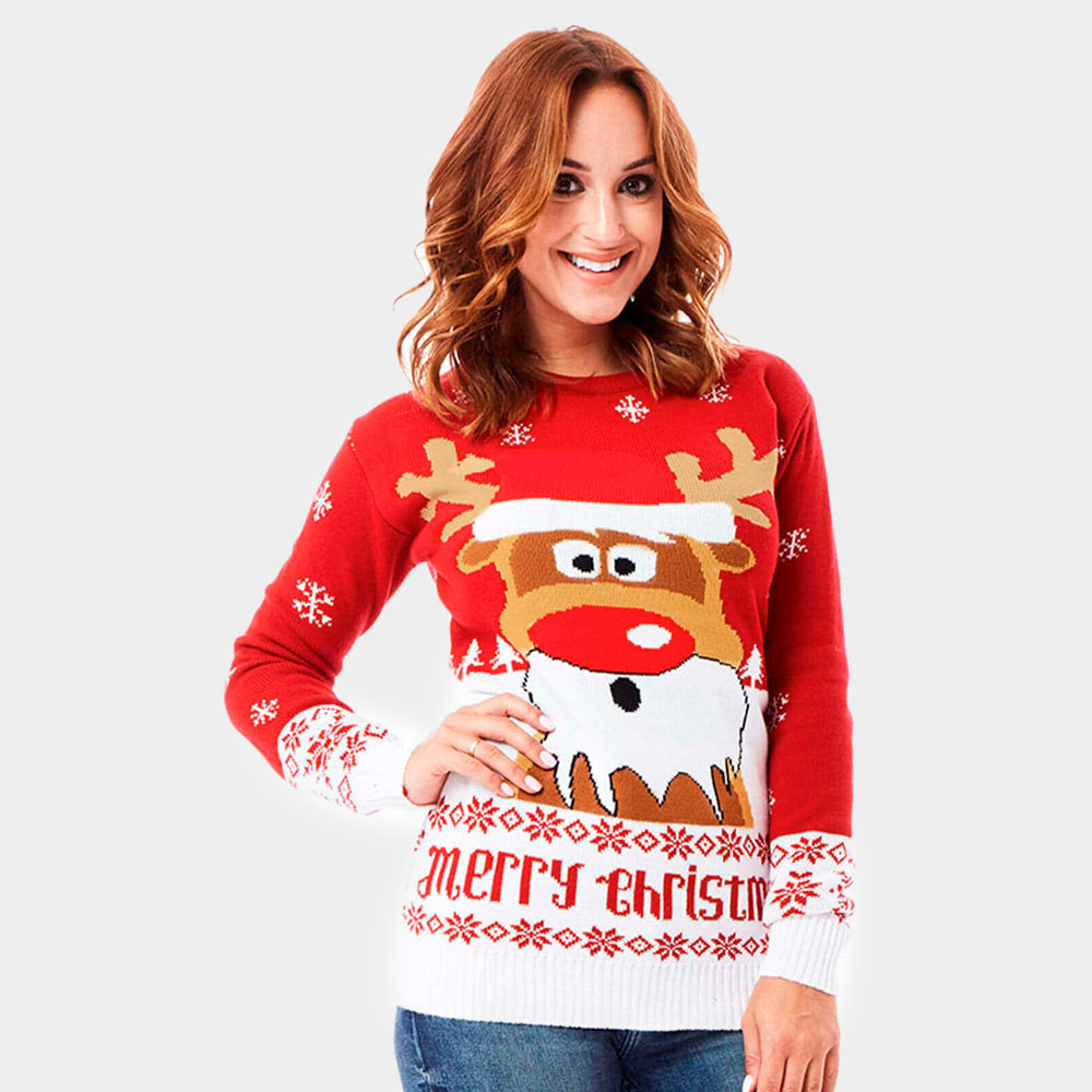 Womens Red Ugly Christmas Sweater with Reindeer