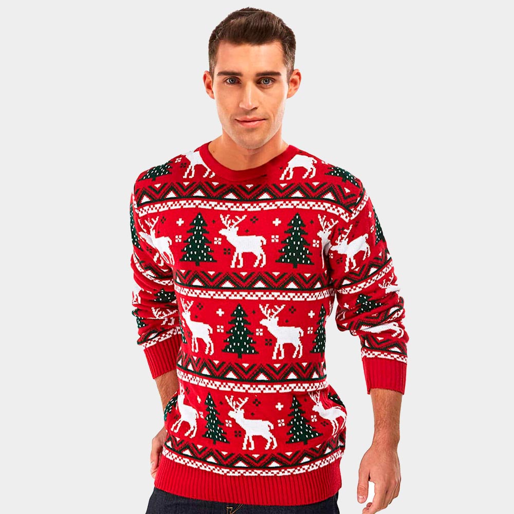 Mens Red Ugly Christmas Sweater with Reindeers and Christmas Trees