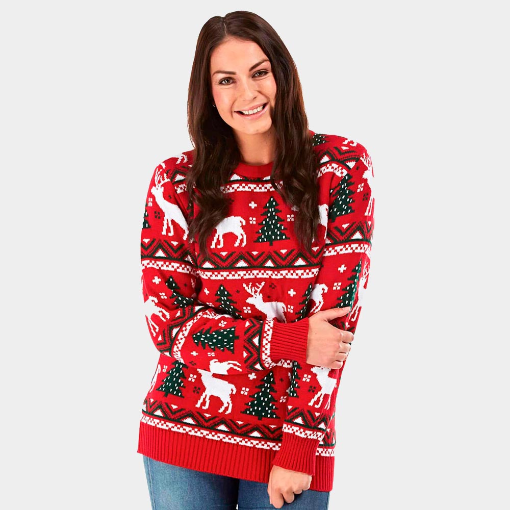 Womens Red Ugly Christmas Sweater with Reindeers and Christmas Trees