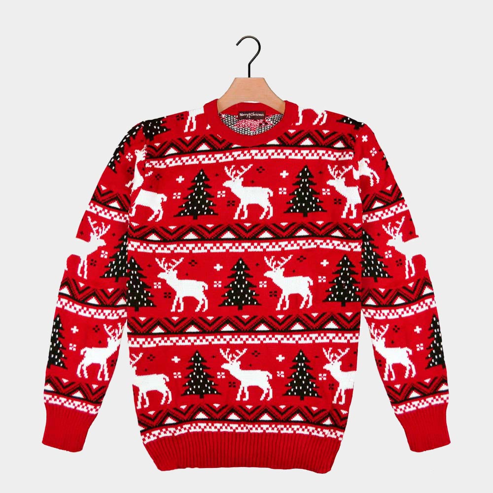 Red Ugly Christmas Sweater with Reindeers and Christmas Trees