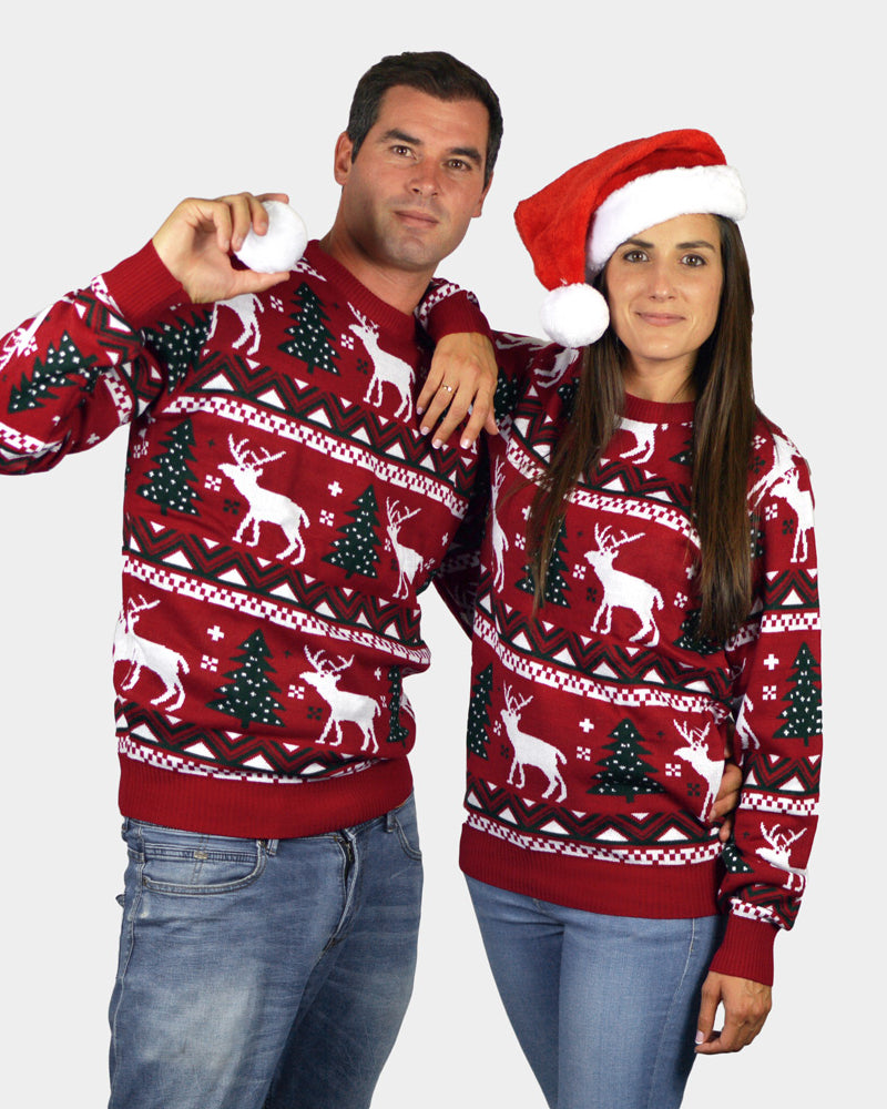 Red Ugly Christmas Sweater with Reindeers and Christmas Trees couple