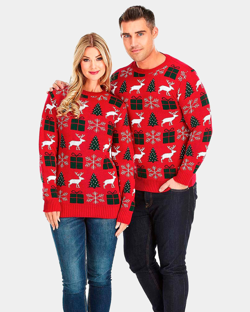 Couples Red Ugly Christmas Sweater with Reindeers, Gifts and Trees