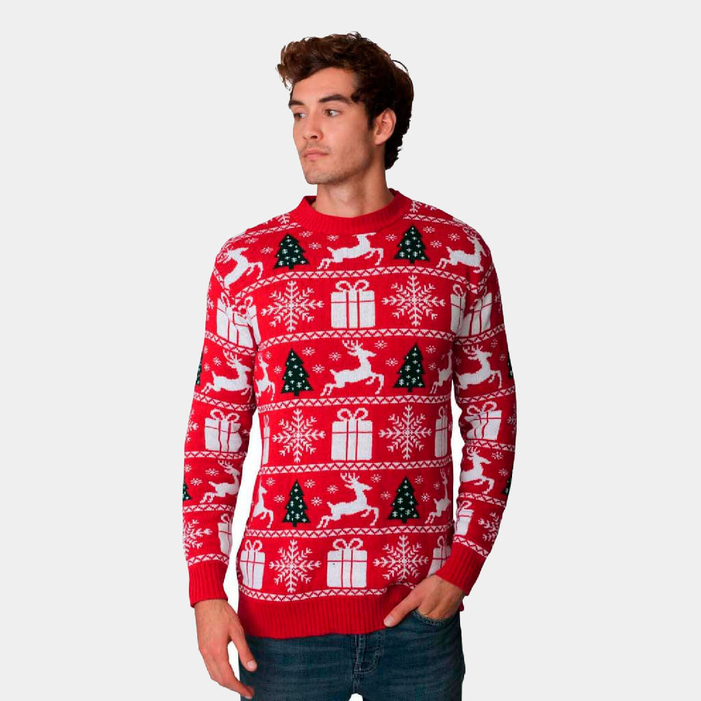 Mens Red Ugly Christmas Sweater with Reindeers, Trees and Gifts